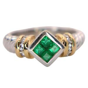 14kt Two Tone Gold Diamond Colombian Emerald White Yellow Twist Cable Ring